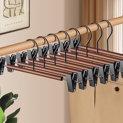 Wooden Pants Hangers with Clips 14Inch 20 Pack Adjustable Wood Skirt Hangers for Women&Men Space Saving Closet Non Slip Clothes