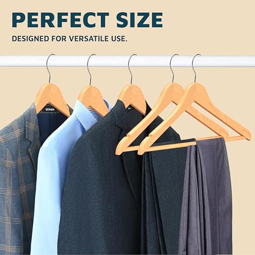 Wooden Clothes Hangers – with 360 Degree Swivel Hook and Non-Slip Shoulder Notch, Holds Up to 10 lbs, Pants Bar Design,
