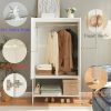 Natural Rattan Wardrobe Closet，Elegant Handle Bedroom Armoire with Aluminum Hanging Rod,Wooden Freestanding Wardrobe Armoires