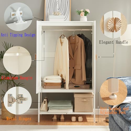 Natural Rattan Wardrobe Closet，Elegant Handle Bedroom Armoire with Aluminum Hanging Rod,Wooden Freestanding Wardrobe Armoires