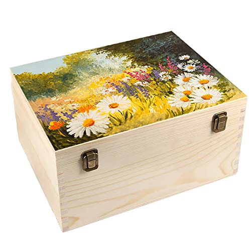 Extral Large Unfinished Wooden Box, 13 x 10 x 6.5 inch Natural Unfinished Pine Wood Box with Hinged Lid and Front Clasp for DIY
