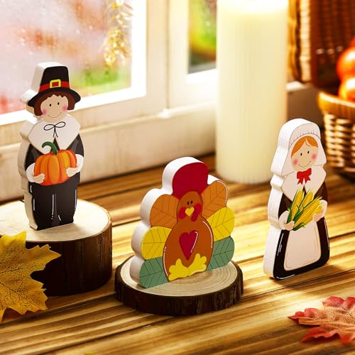 3 Pcs Thanksgiving Pilgrim Boy Girl and Turkey Tabletop Decoration Fall Wooden Turkey Pilgrim Couple Table Centerpieces Autumn