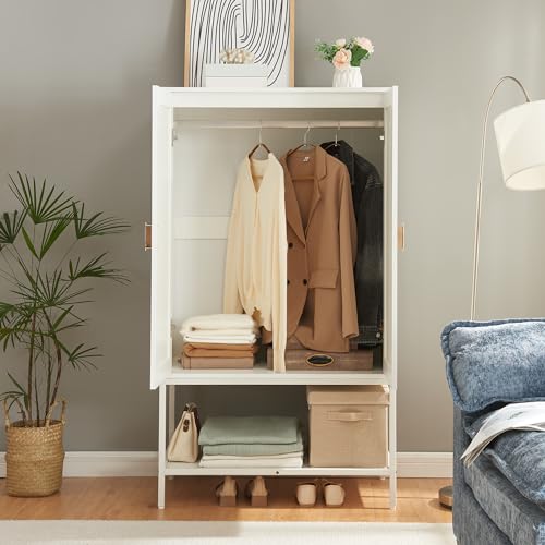 Natural Rattan Wardrobe Closet，Elegant Handle Bedroom Armoire with Aluminum Hanging Rod,Wooden Freestanding Wardrobe Armoires