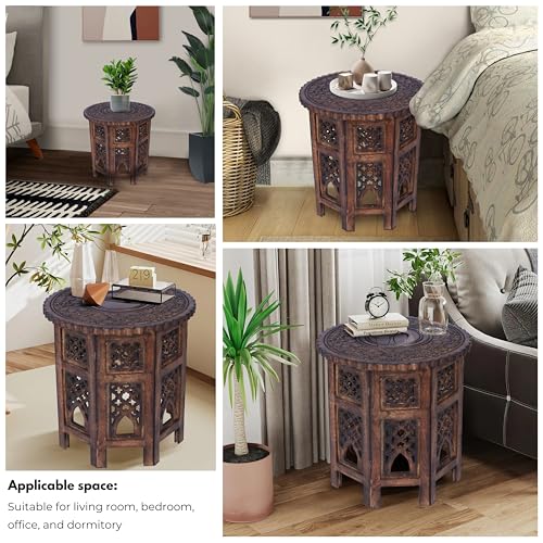Hand-Carved Octagonal Wooden Side Table – 18” x 18” Mango Wood End Table, Natural Burnt Finish, Decorative Accent Table for