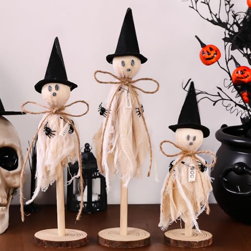 Ghost Decorations Indoor 3pcs Primitive Halloween Ghost on Wooden Stand Halloween Table Centerpieces Signs for Home Shelf