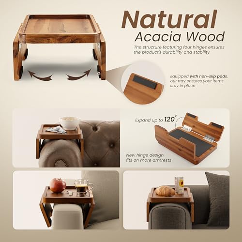 Acacia Wood Sofa Armrest Tray - 13.75 x 9.5in Double Hinge Sofa Arm Tray Table Clip - Couch Arm Table - Wooden Side Tables for