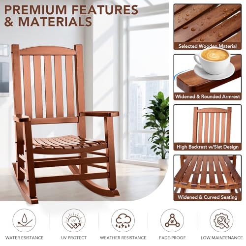 Wood Outdoor Rocking Chair, Oversized Patio Rocking Chair w/400lbs Support & High Backrest | Porch, Lawn, Garden, Backyard,