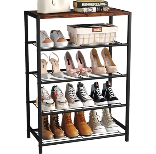 Shoe Rack Organizer, 5 Tier Industrial Shoe Storage Shelf, Narrow Sturdy Metal Shoe Shelves for Closet Entryway, Rustic Brown