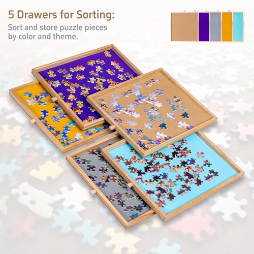 1500 Piece Tilting Puzzle Table with 5 Colored Drawers & Cover, Adjustable Jigsaw Puzzle Board with Storage, Portable Wooden