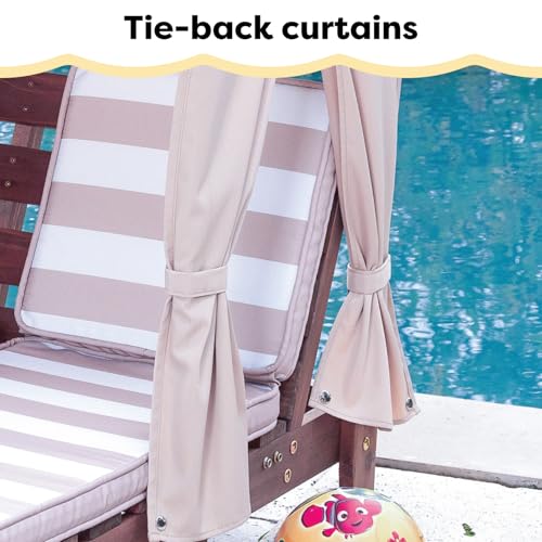 Wooden Outdoor Double Chaise Lounge with Cup Holders, Patio Furniture for Kids or Pets, Espresso with Oatmeal and White Striped