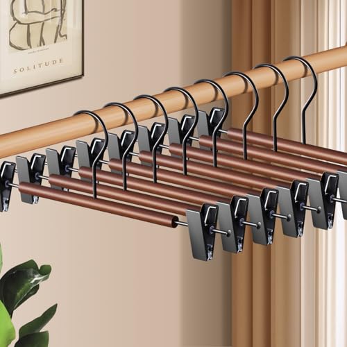 Wooden Pants Hangers with Clips 14Inch 20 Pack Adjustable Wood Skirt Hangers for Women&Men Space Saving Closet Non Slip Clothes