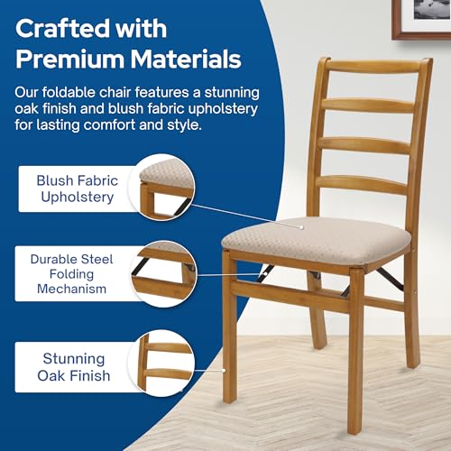 Stakmore Shaker Ladderback Wooden Folding Chairs with Padded Seats, Set of 2 - No Assembly Foldable Dining Chairs, Steel Folding