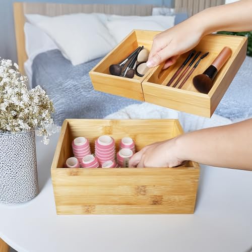 3-Piece Stackable Bamboo Storage Box, Office Desk Organizer, Wooden Boxes for Makeup Drawer Organizer Bathroom, Office Supplies,
