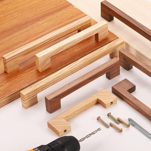 10Pcs Wood Drawer Pulls, 8 Inch Hole Center Square Wooden Drawer Pulls Cabinet Handles with Screws for Kitchen Dresser Wardrobes