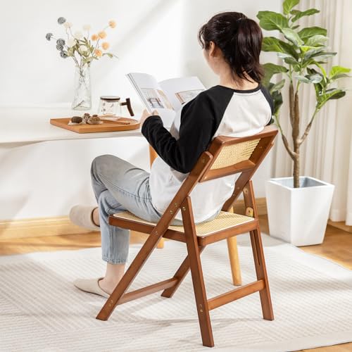 Rattan Folding Chair, Modern Mid Century Dining Chairs Set of 1, Comfy Outdoor Bamboo Chairs for Bedroom Living Room Reading