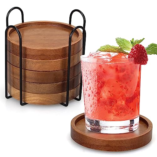6 Pcs Best Wooden Coasters with Holder Coffee Table Decor Acacia Wood Coaster Set Modern Cup Coaster for Drink Home Dining Table