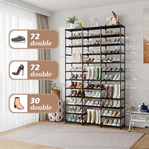 Shoe Rack Large Capacity 72 Pairs Tall Shoe Shelf, 3 Row 12 Tiers Sturdy Metal Shoe Organizer for Entryway, Closet, Bedroom,