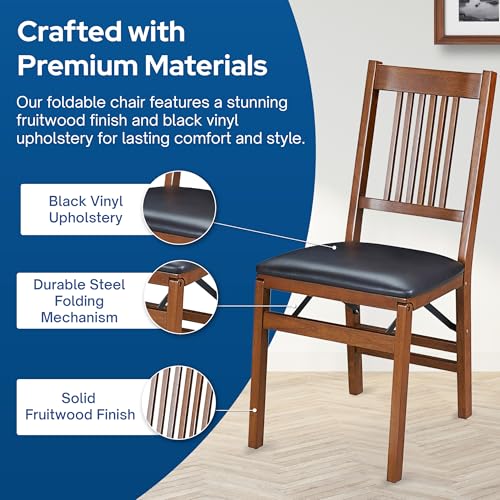 Stakmore True Mission Wooden Folding Chairs with Padded Seats, Set of 2 - No Assembly Foldable Dining Chairs, Steel Folding