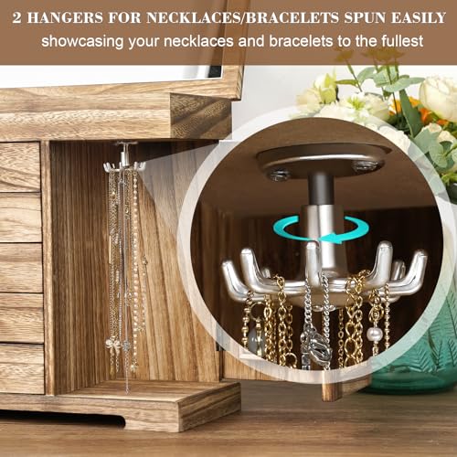 Jewelry Box for Women Girls, Rustic Wooden Jewelry Organizer Box with Mirror, 5 Layer Jewelry Storage Case Display for Necklaces