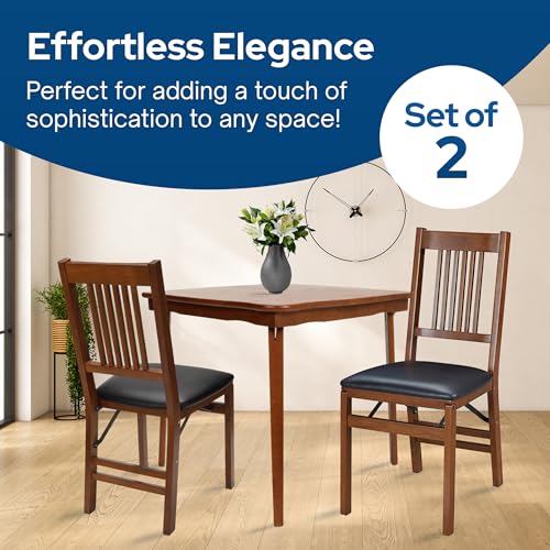 Stakmore True Mission Wooden Folding Chairs with Padded Seats, Set of 2 - No Assembly Foldable Dining Chairs, Steel Folding