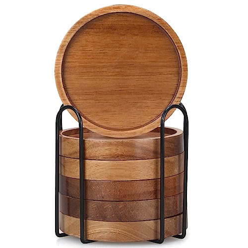 6 Pcs Best Wooden Coasters with Holder Coffee Table Decor Acacia Wood Coaster Set Modern Cup Coaster for Drink Home Dining Table