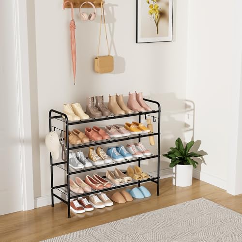 4-Tier Shoe Rack 33" Wide Metal Shoe Organizer Long Shoe Storage with 4 Side Hooks Sturdy Shoes Shelf for Closet, Front Door