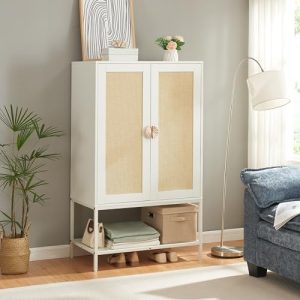 Natural Rattan Wardrobe Closet，Elegant Handle Bedroom Armoire with Aluminum Hanging Rod,Wooden Freestanding Wardrobe Armoires