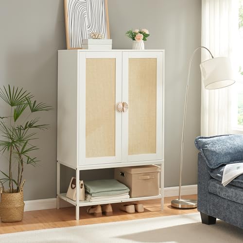 Natural Rattan Wardrobe Closet，Elegant Handle Bedroom Armoire with Aluminum Hanging Rod,Wooden Freestanding Wardrobe Armoires