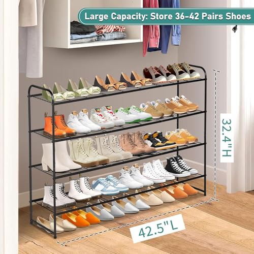 4 Tier Long Shoe Organizer for Closet, Metal Shoe Rack Wide Shoe Storage Organizer 30-Pairs Shoe Shelf for Bedroom, Floor,