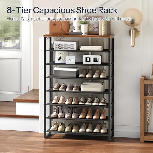 Shoe Rack, 8-Tier Shoe Shelf for Closet, 7 Fabric Shelves, Wooden Top, Large Shoe Organizer, Holds 24-28 Pairs of Shoes,