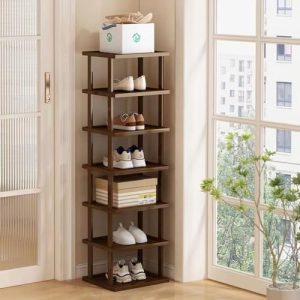 Vertical Shoe Rack - Tall Narrow Shoe Rack Organizer for Small Spaces,7 Tier Bamboo Shoen Shelf for