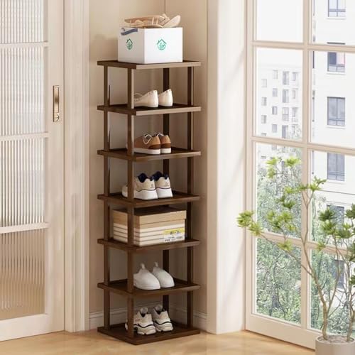 Vertical Shoe Rack - Tall Narrow Shoe Rack Organizer for Small Spaces,7 Tier Bamboo Shoen Shelf for