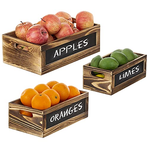 Rustic Burnt Wood Nesting Storage Bins with Chalkboard Panel and Cutout Handles, Decorative Farmhouse Wooden Stackable Open Top