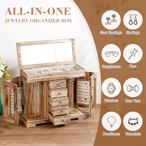 Jewelry Box for Women Girls, Rustic Wooden Jewelry Organizer Box with Mirror, 5 Layer Jewelry Storage Case Display for Necklaces