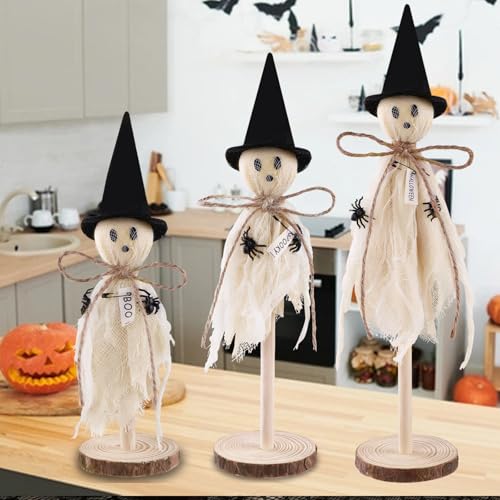 Ghost Decorations Indoor 3pcs Primitive Halloween Ghost on Wooden Stand Halloween Table Centerpieces Signs for Home Shelf