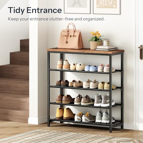 Shoe Rack with 4 PU Shelves, 5-Tier Shoe Storage Organizer for Closet and Entryway, Holds 12-16 Pairs of Shoes, Sturdy Metal