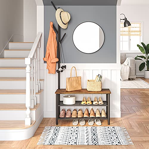 Coat Rack Shoe Bench, 3-Tier Shoe Rack, Industrial Shoe Organizer Storage Bench, Entry Bench with Mesh Shelves, for Entryway,