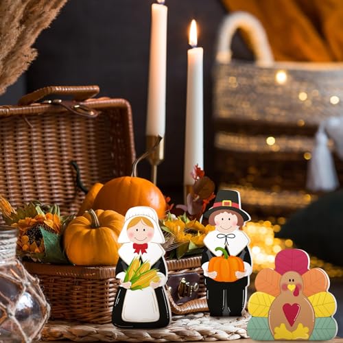 3 Pcs Thanksgiving Pilgrim Boy Girl and Turkey Tabletop Decoration Fall Wooden Turkey Pilgrim Couple Table Centerpieces Autumn