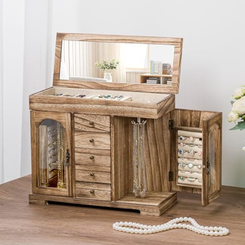 Jewelry Box for Women Girls, Rustic Wooden Jewelry Organizer Box with Mirror, 5 Layer Jewelry Storage Case Display for Necklaces
