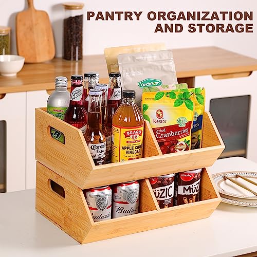 2 Set Bamboo Storage Bins, Pantry Organizers and Storage, Kitchen Countertop Organization and Storage Basket for Produce,