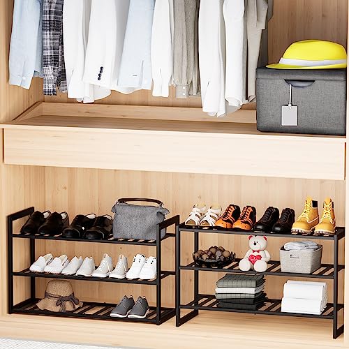 Bamboo Shoe Rack for Closet, Stackable 3 Tier Longer Shoe Organizer Shelf Holder Storage 12-15 Pairs for Entryway Door Hallway