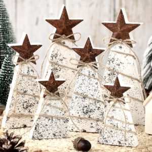 6 Pcs Wooden Christmas Tree Tabletop Decoration Christmas Trees Table Centerpieces Rustic Tiered Tray Decor with Iron Star Hemp