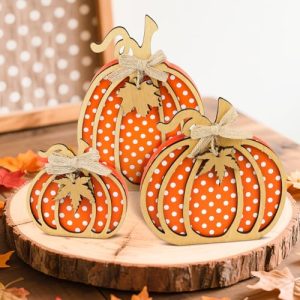 Fall Decor-3 Pcs Wooden Pumpkin Decor for Autumn Table, Mantel Decor, Fall Tiered Tray Decor, Autumn Table, Shelf, Bedroom，Fall
