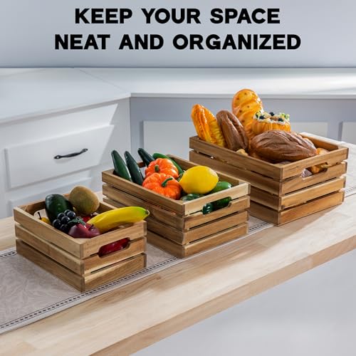 Nesting Wood Storage Crates (Set of 3) - Light Natural Acacia Wood Stackable Wooden Boxes for Storage & Organization -