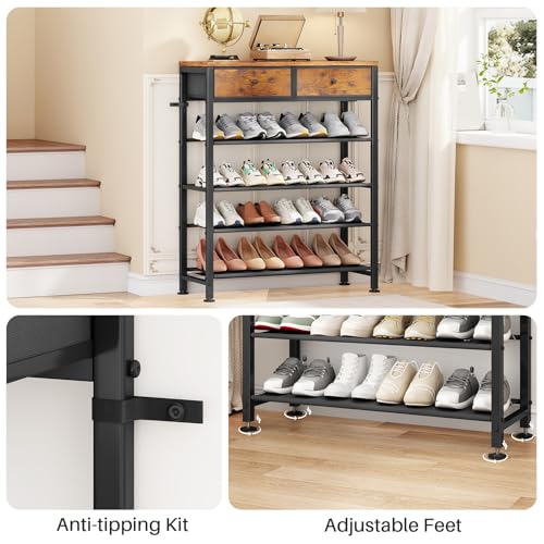 Shoe Rack, 5 Tier Shoe Organizer for 12-16 Pairs of Shoes, with 2 Drawers, 3 Fabric Shelves and Wooden Top, Shoe Rack for Closet