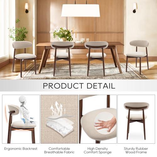 Wooden Dining Chairs Set of 2, Modern Fabric Upholstered Kitchen Side Chairs, Farmhouse Dining Room Chair with Foot Pegs, Beige