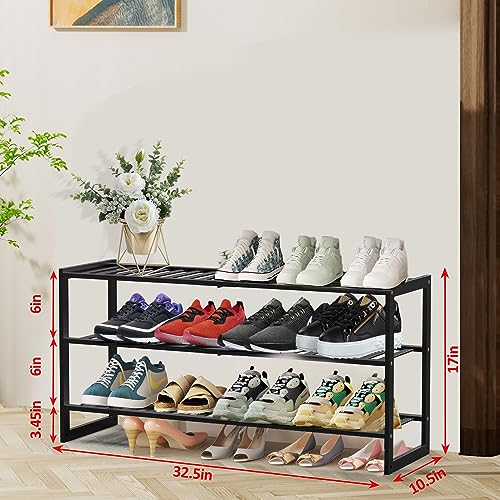 Bamboo Shoe Rack for Closet, Stackable 3 Tier Longer Shoe Organizer Shelf Holder Storage 12-15 Pairs for Entryway Door Hallway