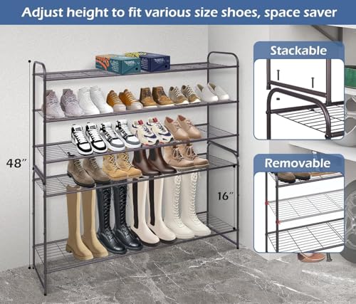 Long 3 Tier Shoe Rack for Closet Wide Shoe Storage Organizer Stackable Metal Shoe Shelf for 24 Pairs Men Sneakers with Wire Grid