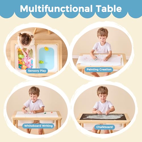 Sensory Table for Toddlers 1-3 with 2 Chairs & Roll Paper, Wooden Kid Activity Table Chair Set with Double-Sided Boards and 2