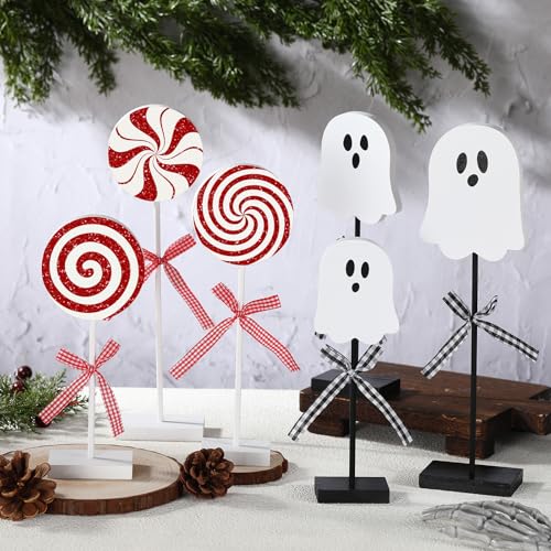 6 Pcs Halloween Christmas Table Decorations Wooden Ghost Candy Tiered Table Signtray Decor Rustic Holiday Tabletop Centerpiece